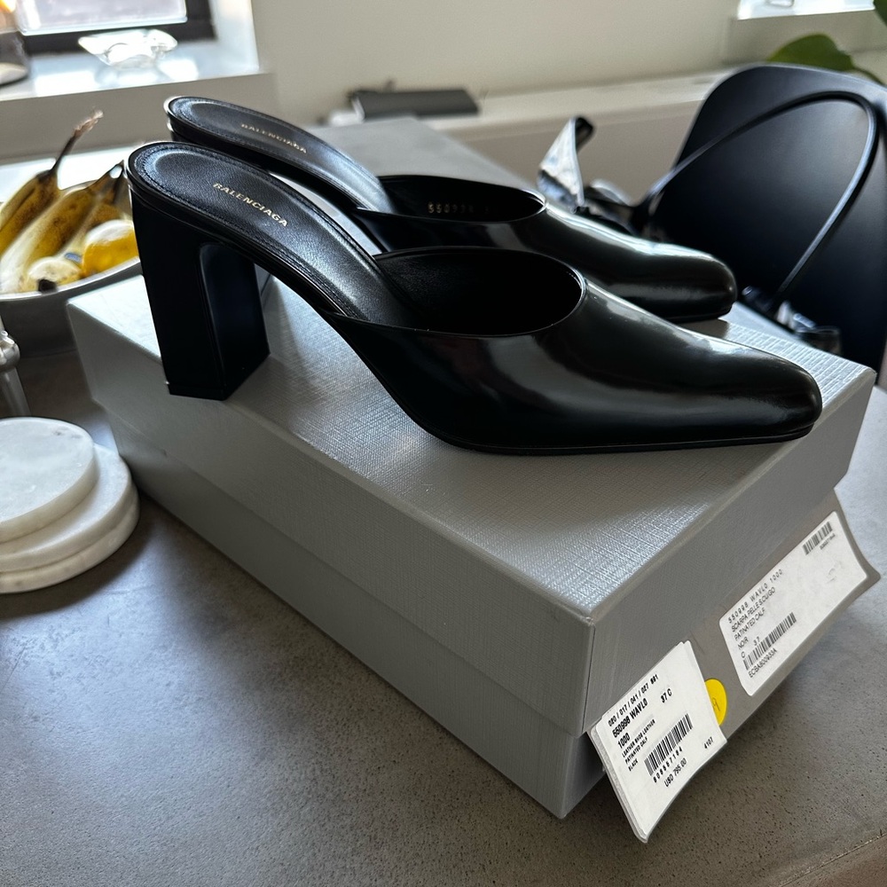 Balenciaga Black Patent Leather Mules, NEW!